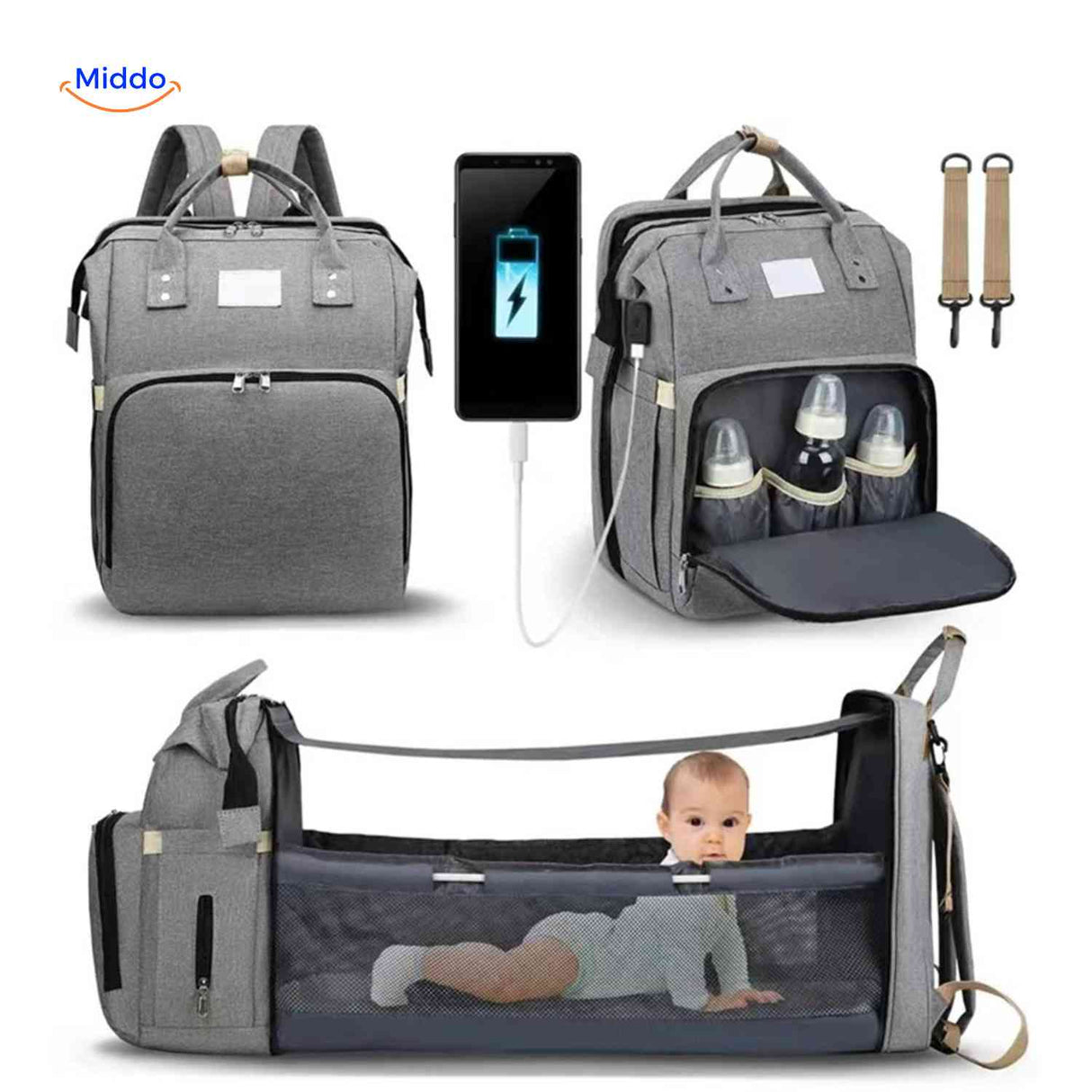 BabyLuxe Rugtas grijs multifunctionele luiertas met wieg en usb www.middo.nl