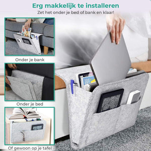 Lichtgrijze BedCaddy hangend aan het bed met ook nog 3 kleine foto's van de BedCaddy hangend aan een bank en nachtkastje.
