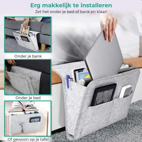 Lichtgrijze BedCaddy hangend aan het bed met ook nog 3 kleine foto's van de BedCaddy hangend aan een bank en nachtkastje.