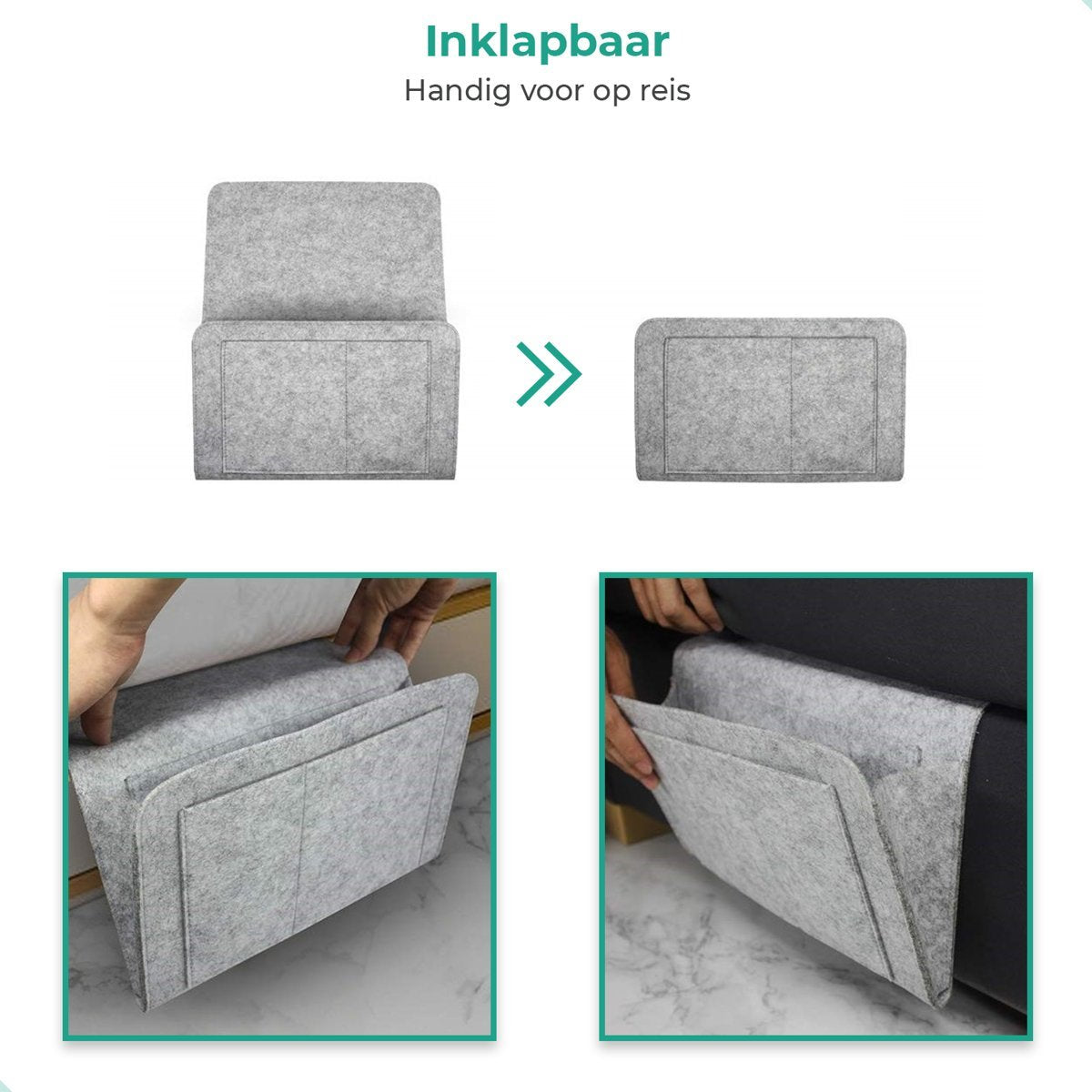 Lichtgrijze BedCaddy inklapbaar voor op reis en ook 2 kleine foto's hangend aan een bank.