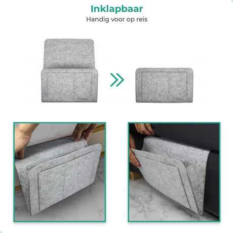 Lichtgrijze BedCaddy inklapbaar voor op reis en ook 2 kleine foto's hangend aan een bank.