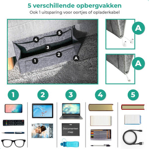 Grijze BedCaddy met meerdere plaatjes van wat je erin zou kunnen doen, zoals iPad telefoon bril tijdschriften boeken en met opening waar de oplaadkabel doorheen kan.
