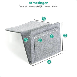 Lichtgrijze bedCaddy met aanduiding van de afmetingen op een witte achtergrond.
