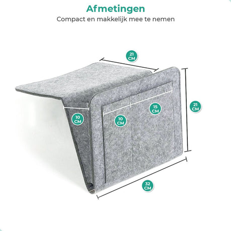 Lichtgrijze bedCaddy met aanduiding van de afmetingen op een witte achtergrond.