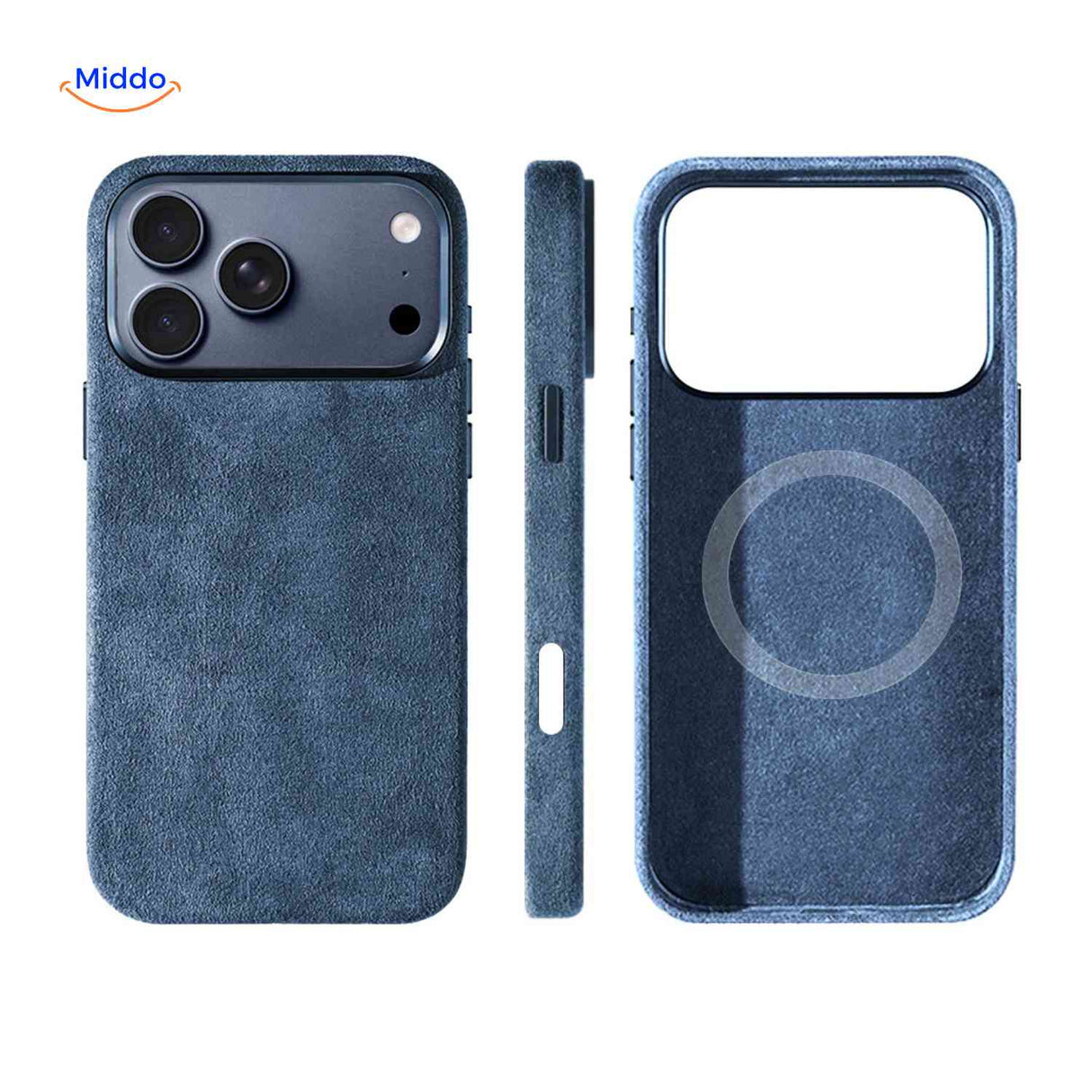 Blauw getextureerd iphone hoesje met precieze uitsparingen en magsafe compatibiliteit www.middo.nl