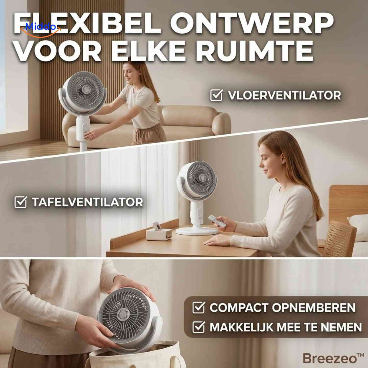 Breezeo Ventilator flexibele tafel en vloerventilator www.middo.nl