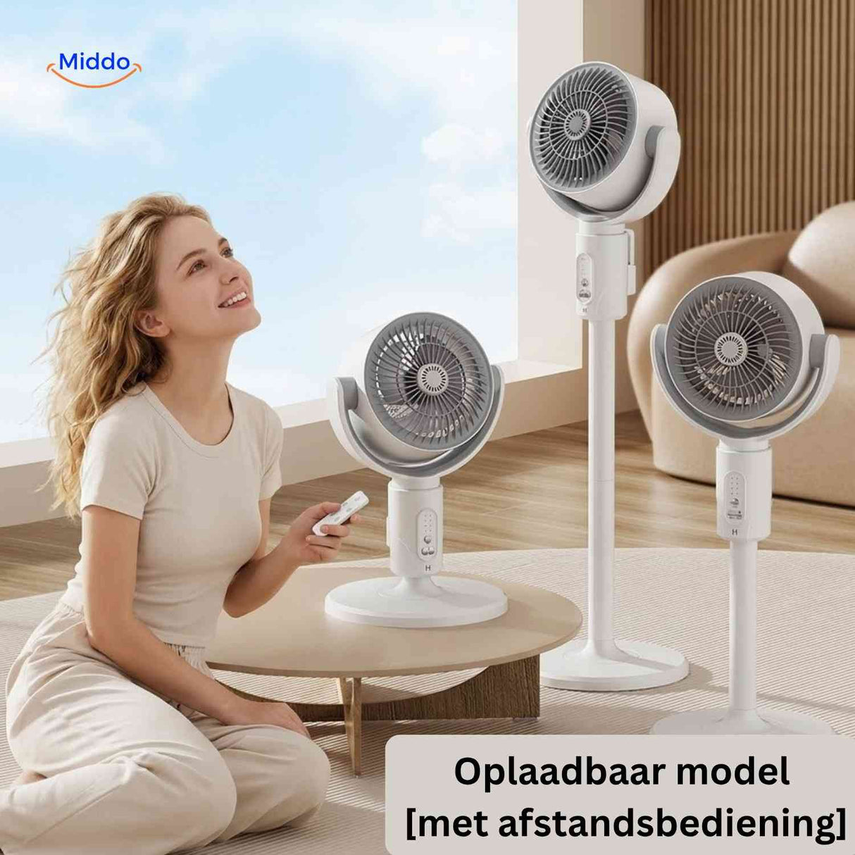 Breezeo Ventilator oplaadbare tafel en vloerventilator www.middo.nl