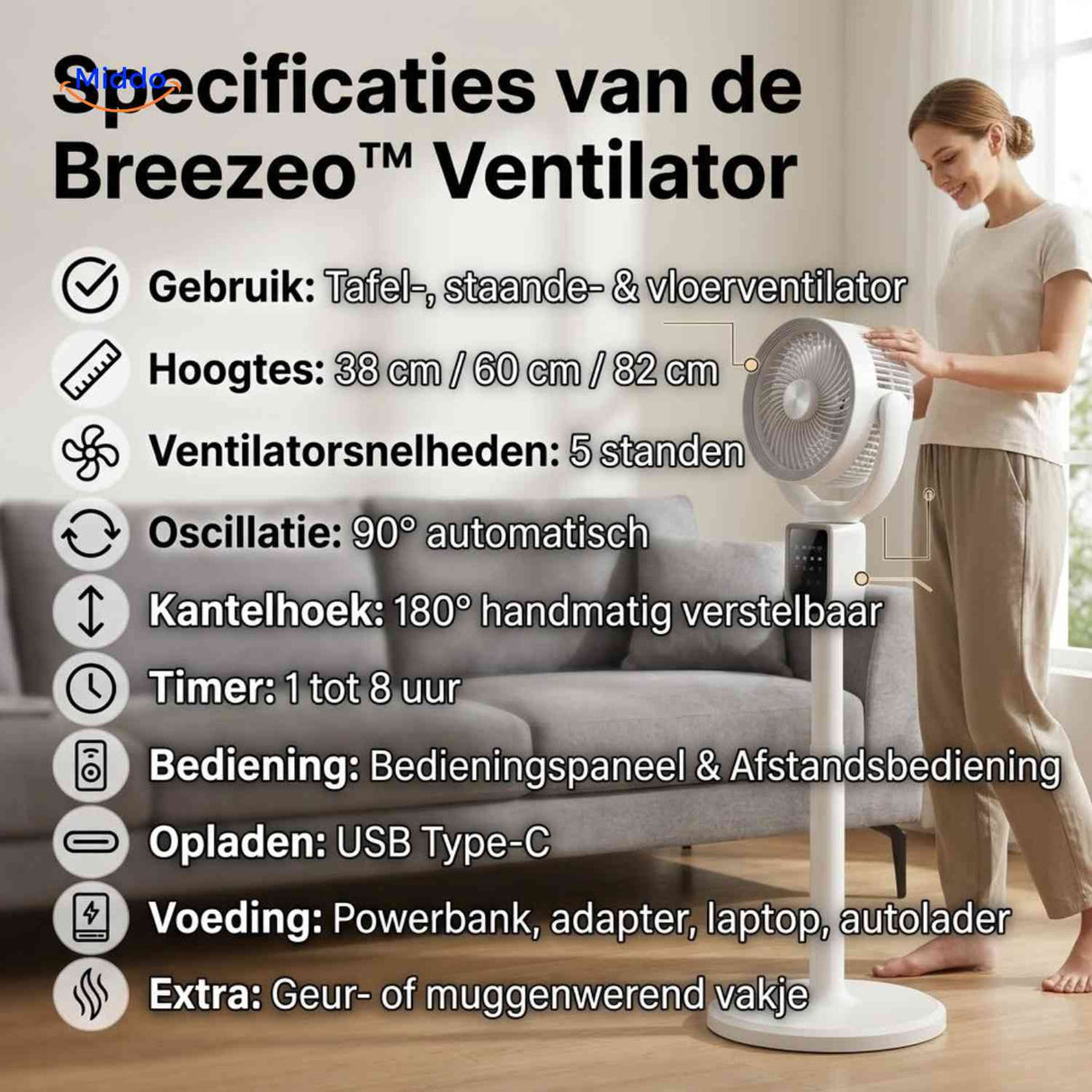 Breezeo Ventilator specificaties verstelbare ventilator www.middo.nl