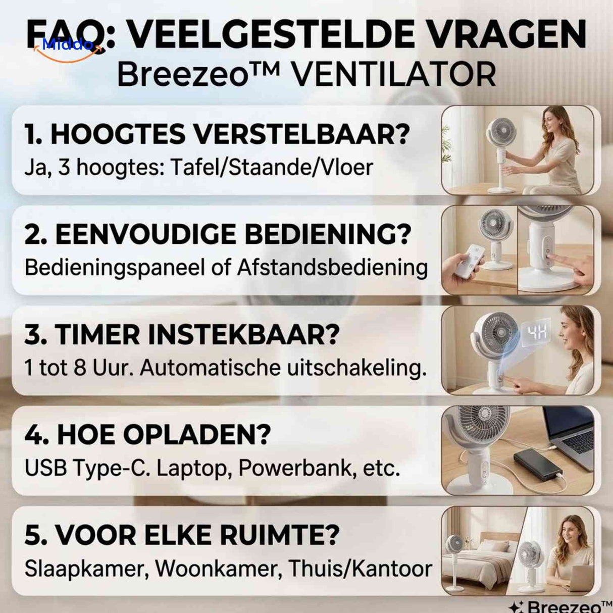 Breezeo Ventilator veelgestelde vragen over ventilator www.middo.nl