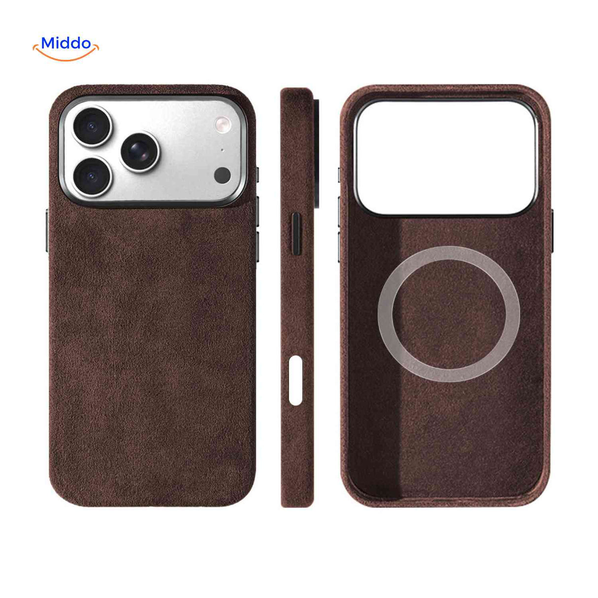 Bruin leerachtig iphone hoesje met magsafe ring en slim profiel www.middo.nl