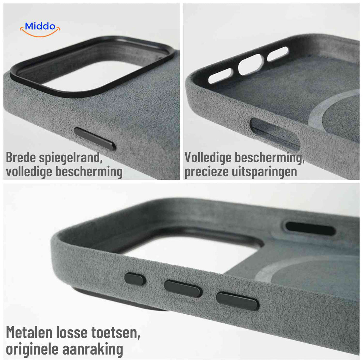 Close up van iphone hoesje randen met precieze uitsparingen en volledige bescherming www.middo.nl
