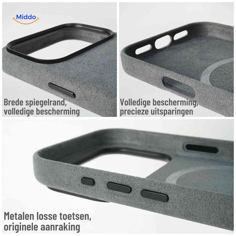 Close up van iphone hoesje randen met precieze uitsparingen en volledige bescherming www.middo.nl