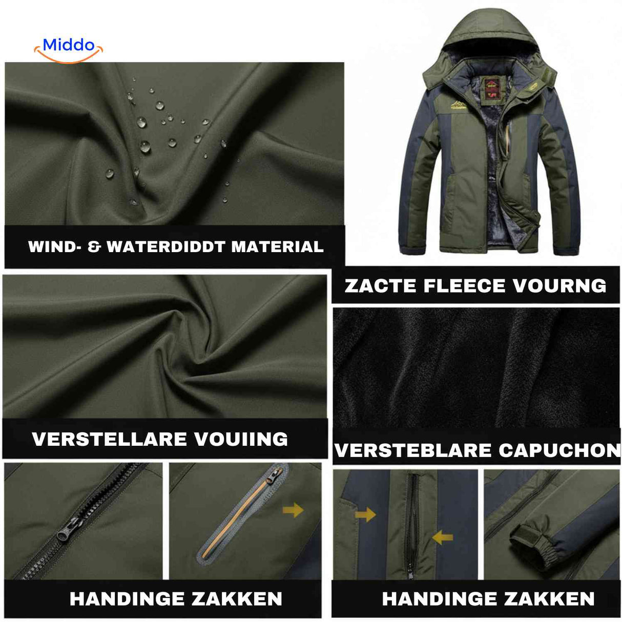 Coldura Jas wind en waterdicht materiaal fleecevoering details www.middo.nl