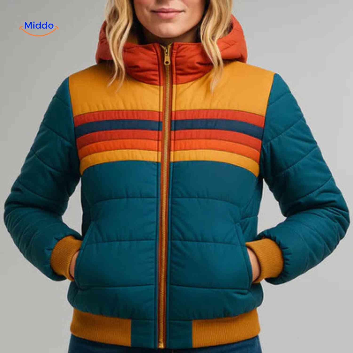 Colorwave Jas groen oranje retro jas voor dames www.middo.nl