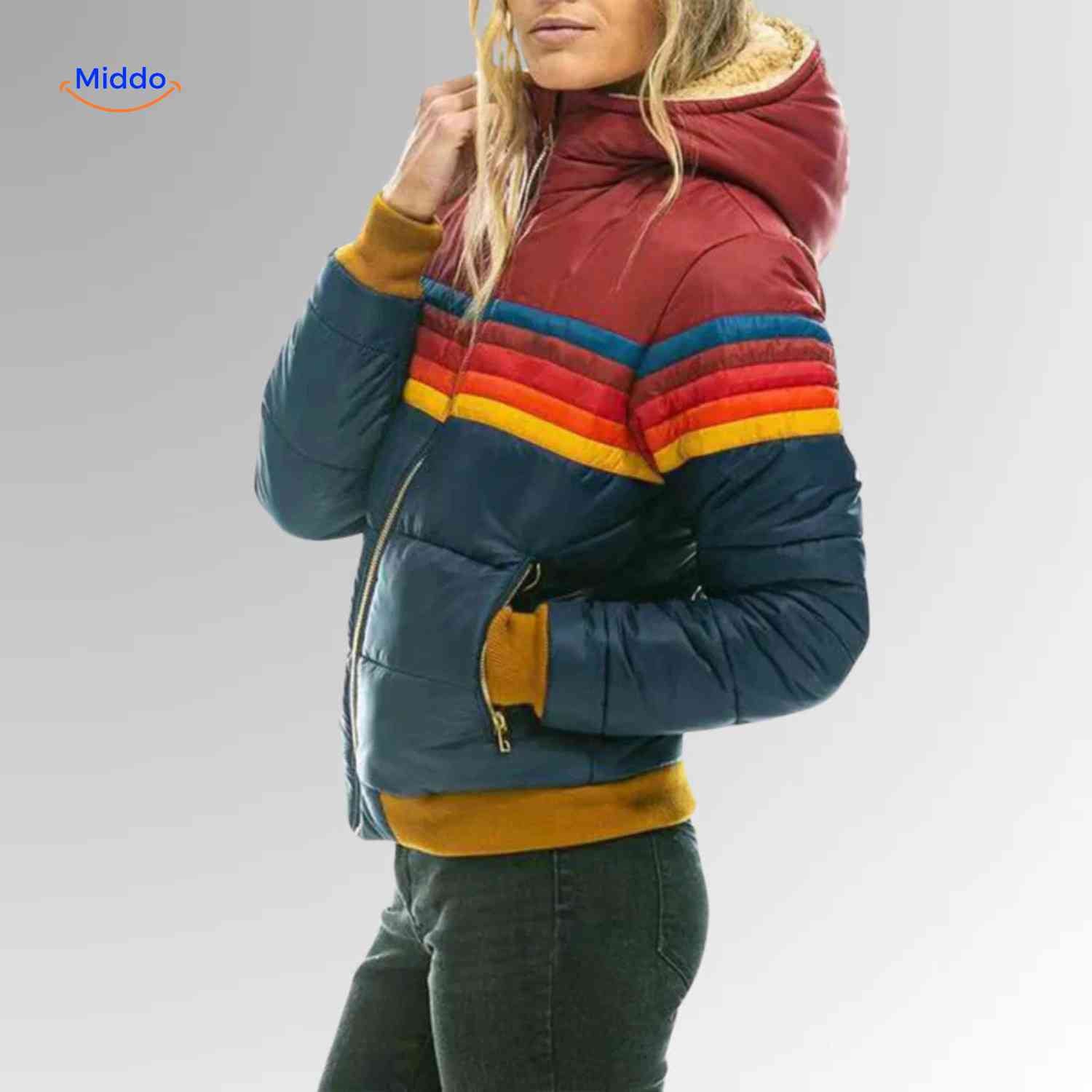 Colorwave Jas retro winterjas met kleurenstrepen www.middo.nl