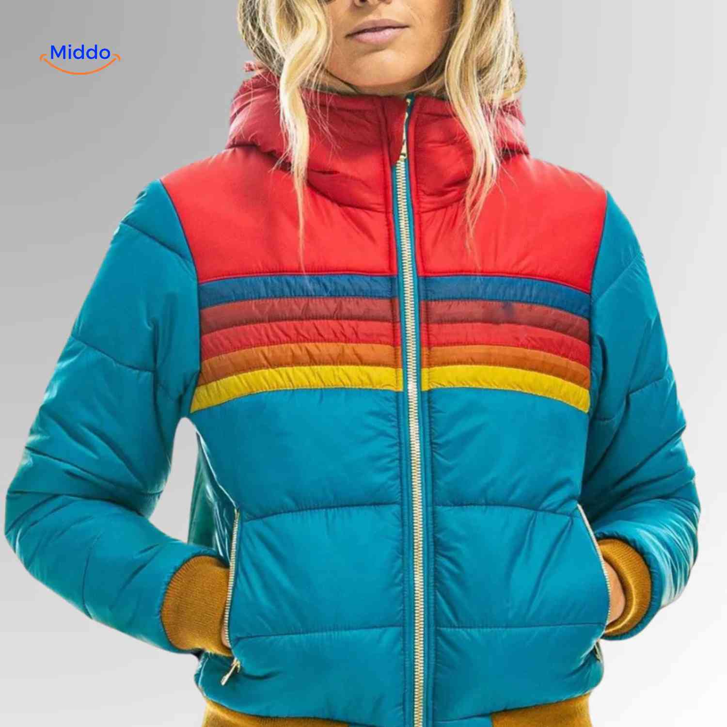 Colorwave Jas turquoise retro dames winterjas met rits www.middo.nl