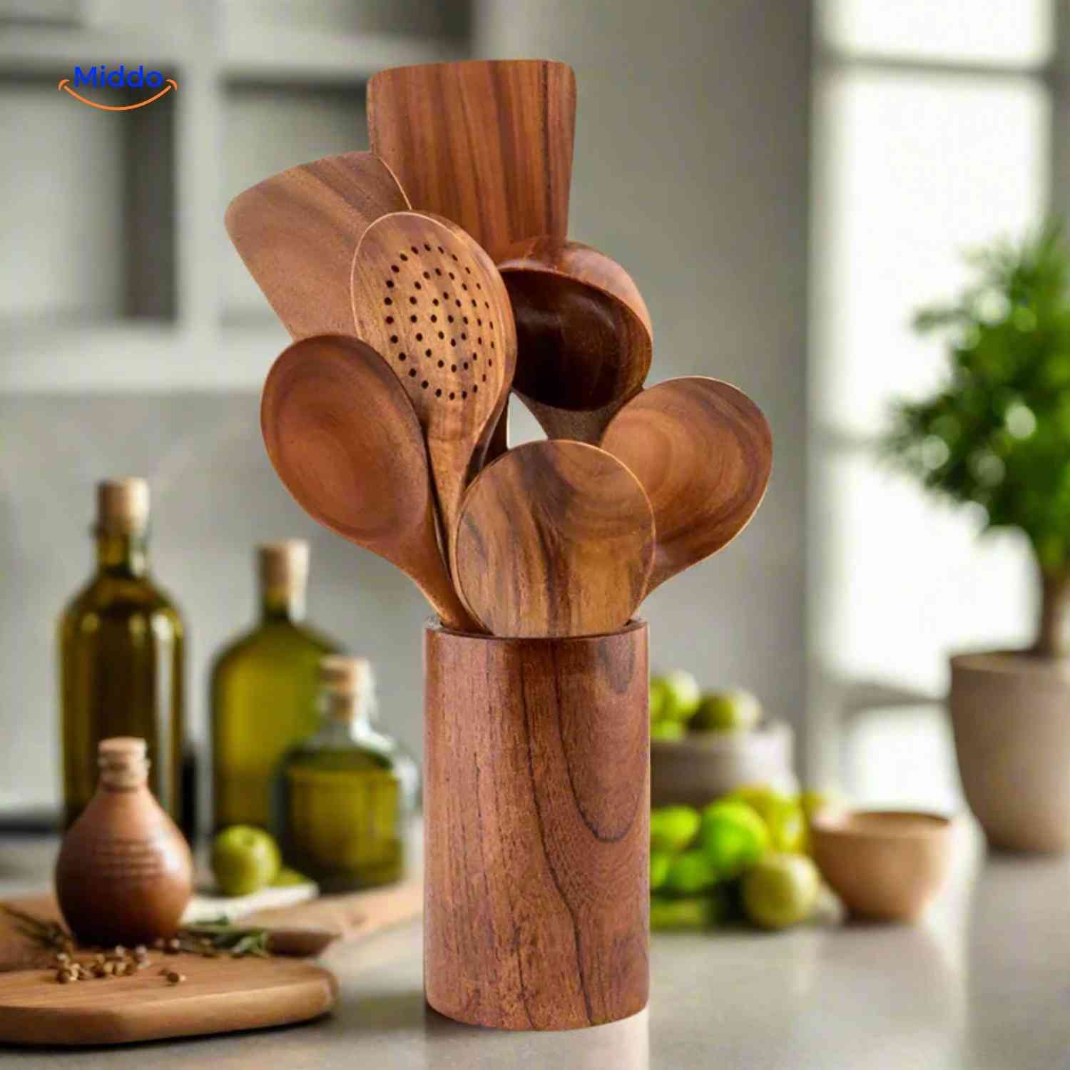 Cookora Spatelset houten lepels en spatels in houder www.middo.nl