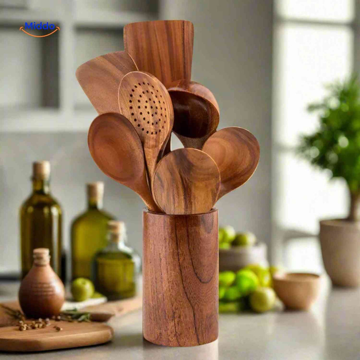Cookora Spatelset houten lepels en spatels in houder www.middo.nl