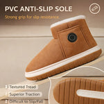 Rechargeable heated indoor boot with PVC anti-slip sole and textured tread detail