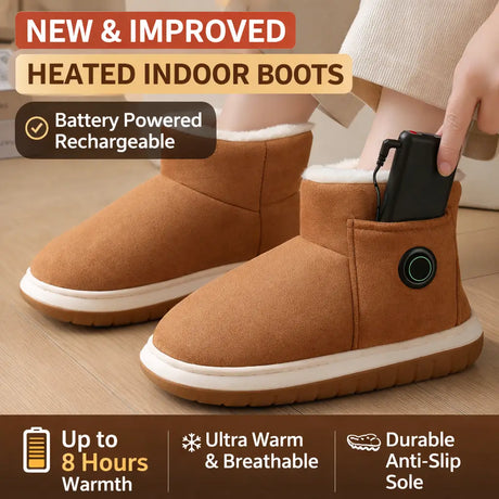 Rechargeable heated indoor boots with battery pack and improved design