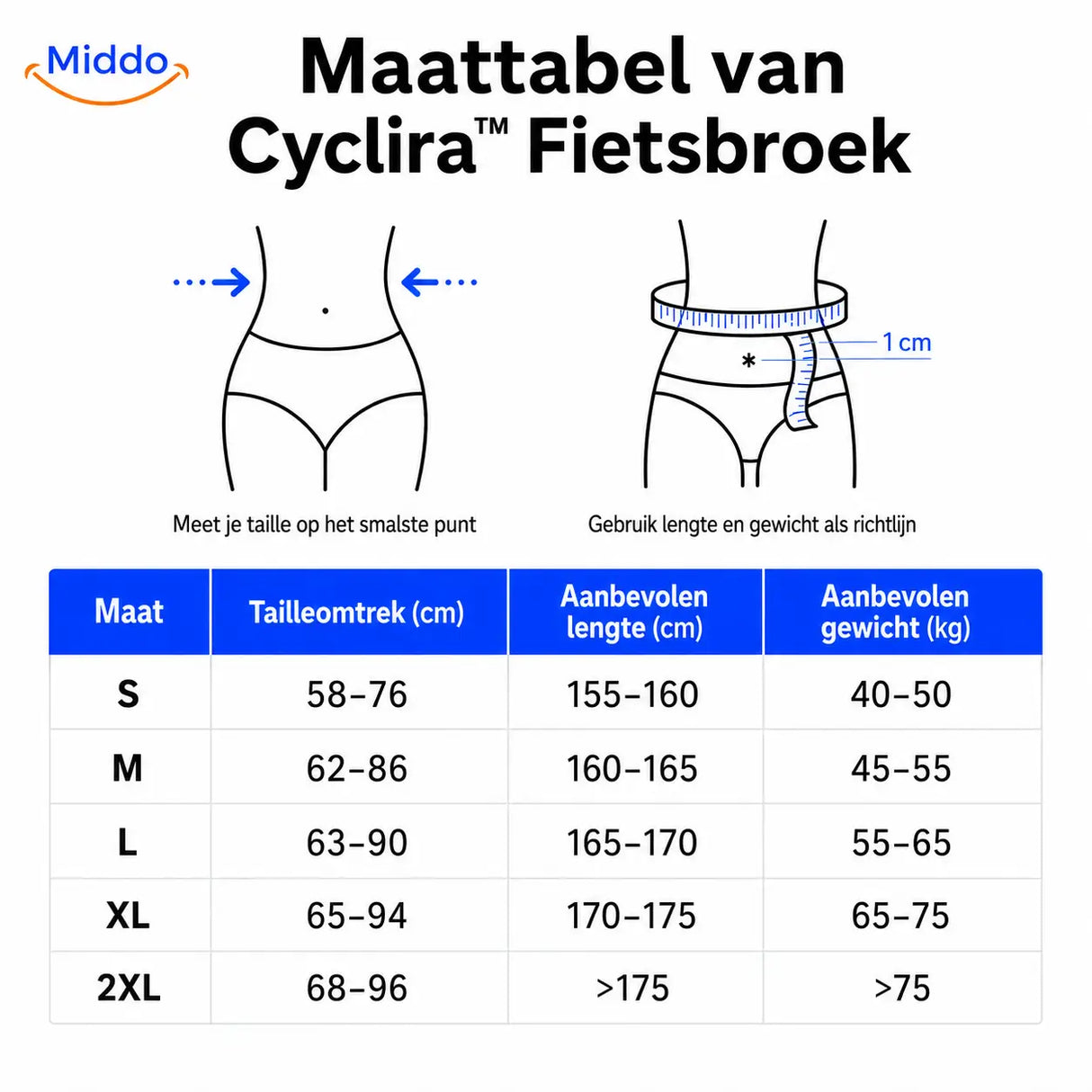 Maattabel voor de Cyclira fietsbroek