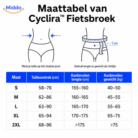 Maattabel voor de Cyclira fietsbroek