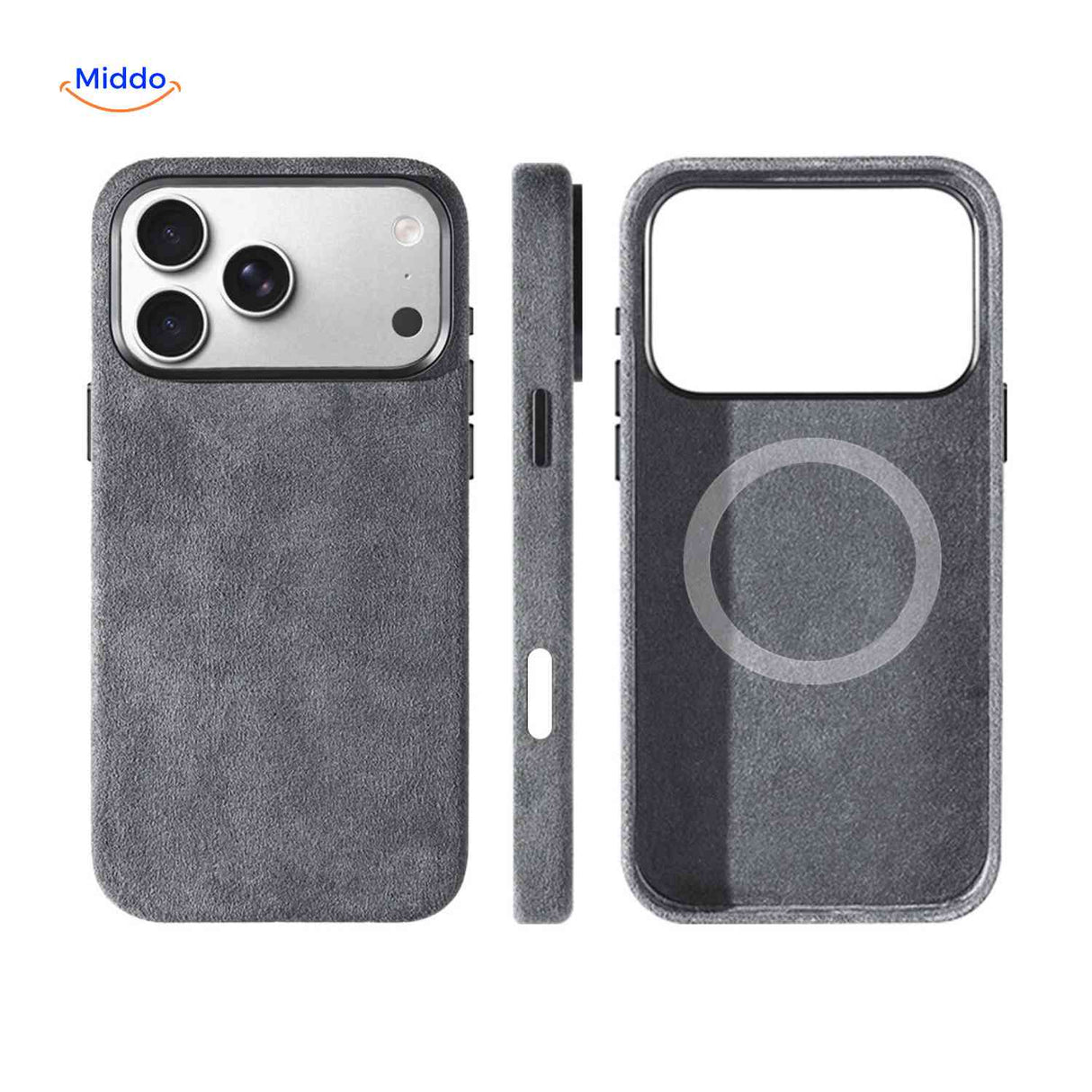 Donkergrijs slim iphone hoesje met magsafe ring en zachte afwerking www.middo.nl