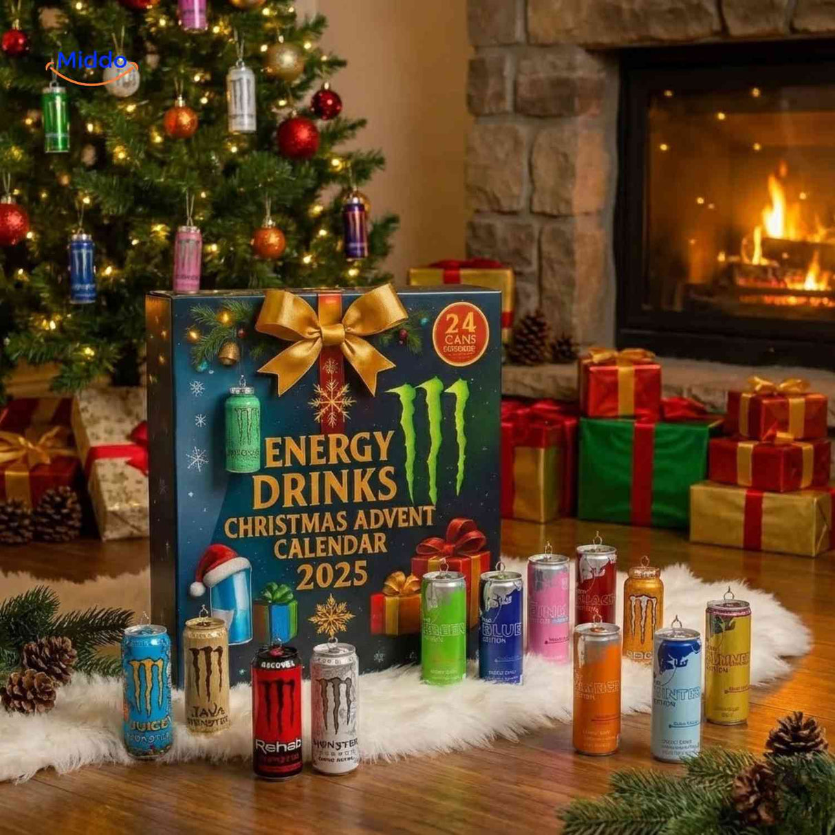 Energibox Adventkalender energy drinks adventskalender bij kerstboom www.middo.nl
