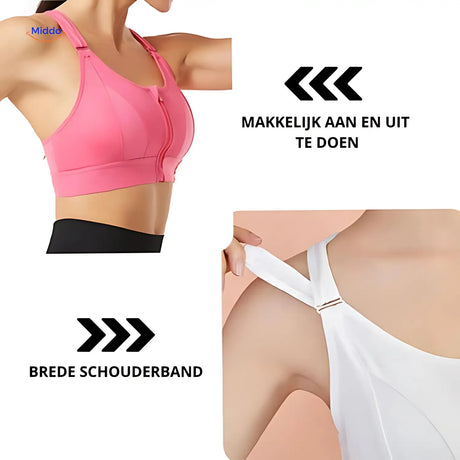 De SportBH is makkelijk aan en uit te doen met tbrede schouderband