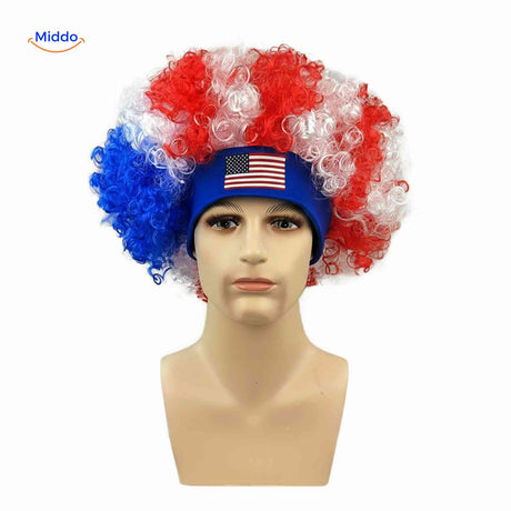 Flagora Pruik krullen stadion fanpruik sportpubliek www.middo.nl