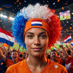 Flagora Pruik krullen supporterspruik sportevenement accessoire www.middo.nl