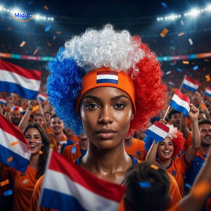 Flagora Pruik krullen supporterspruik voetbal fanstyle www.middo.nl