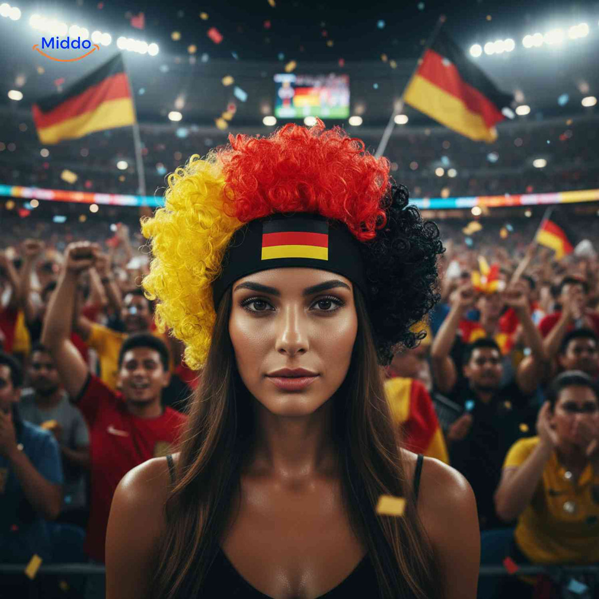 Flagora Pruik krullen supporterspruik voetbalwedstrijd fan www.middo.nl