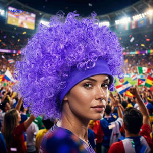 Flagora Pruik paarse krullenpruik hoofdband stadion supporter www.middo.nl