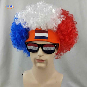 Flagora Pruik rood wit blauw krullenpruik bril supporter look www.middo.nl