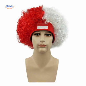 Flagora Pruik rood wit krullenpruik hoofdband supporter accessoire www.middo.nl