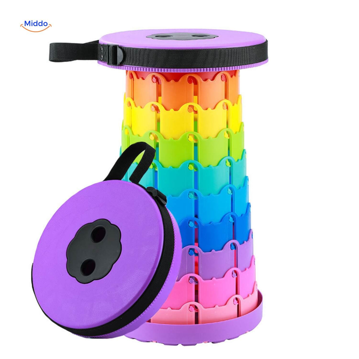 Regenboog telescopische kruk met paarse zitting lichtgewicht en compact