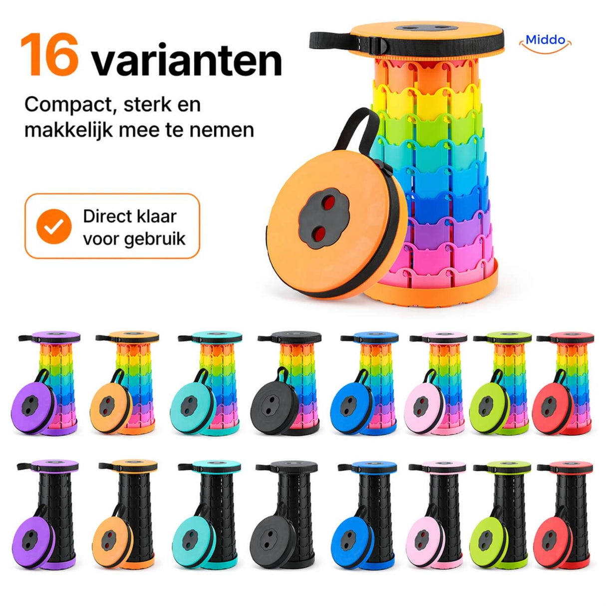 Draagbare opvouwbare kruk met 16 kleurvarianten en compact design
