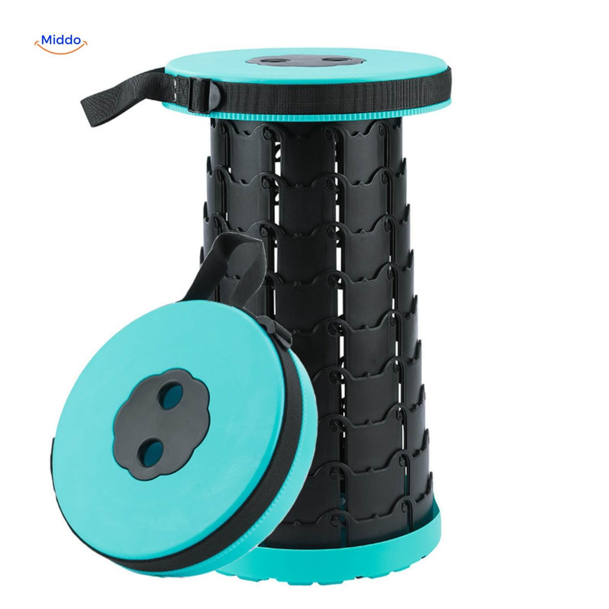 Zwarte telescopische zitkruk met turquoise zitting en draagriem
