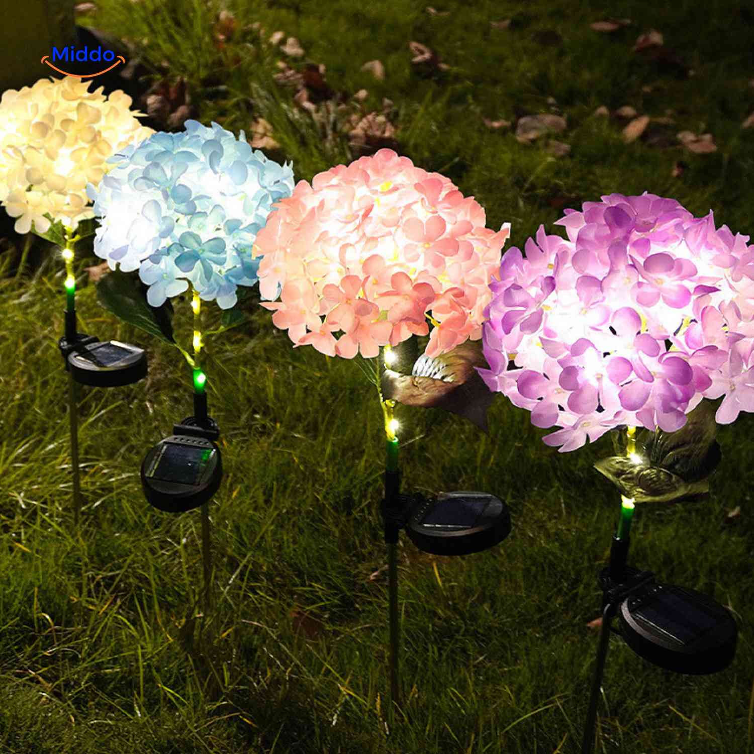 Florora Lantaarn hortensia tuinlamp set met kleurrijke leds www.middo.nl