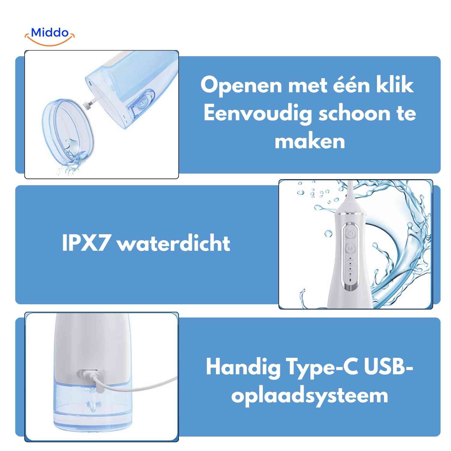Flosso waterflosser voor reis en thuisgebruik comfortabel www.middo.nl