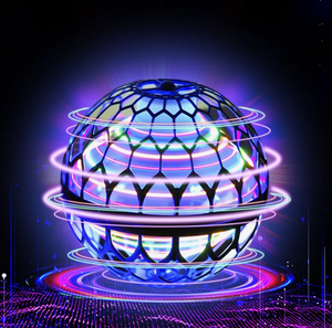 Blauwe lichtgevende Flynova boemerang bal met kleurrijke patronen