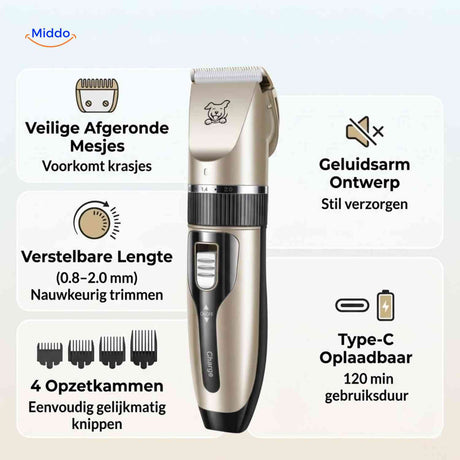 FurEase Trimmer veilig afgeronde mesjes stille werking usb oplaadbaar www.middo.nl