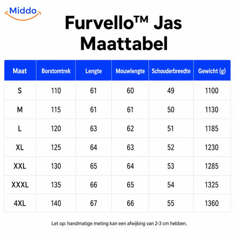 Furvello Jas maattabel leren schapenvacht jas heren www.middo.nl