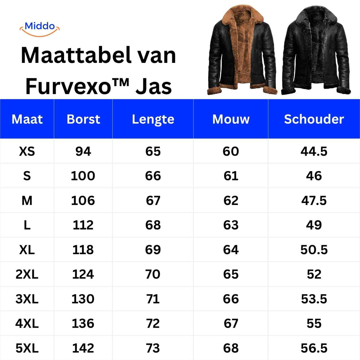 Furvexo Jas Maattabel www.middo.nl
