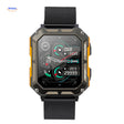 Galaxy Armor smartwatch met grijsgroene kast en zwarte rubberen band, met een kleurendisplay met hartslag, stappen en temperatuur