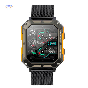 Galaxy Armor smartwatch met grijsgroene kast en zwarte rubberen band, met een kleurendisplay met hartslag, stappen en temperatuur