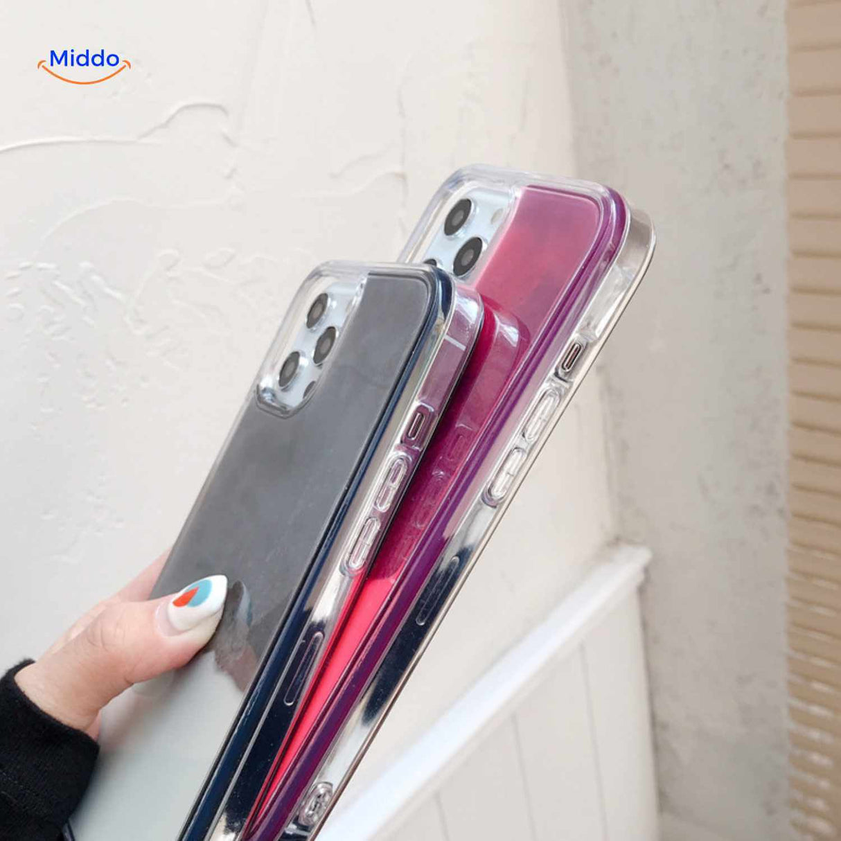 GlowSand Telefoonhoesjes zijkant met kleurige knoppen en transparante rand www.middo.nl