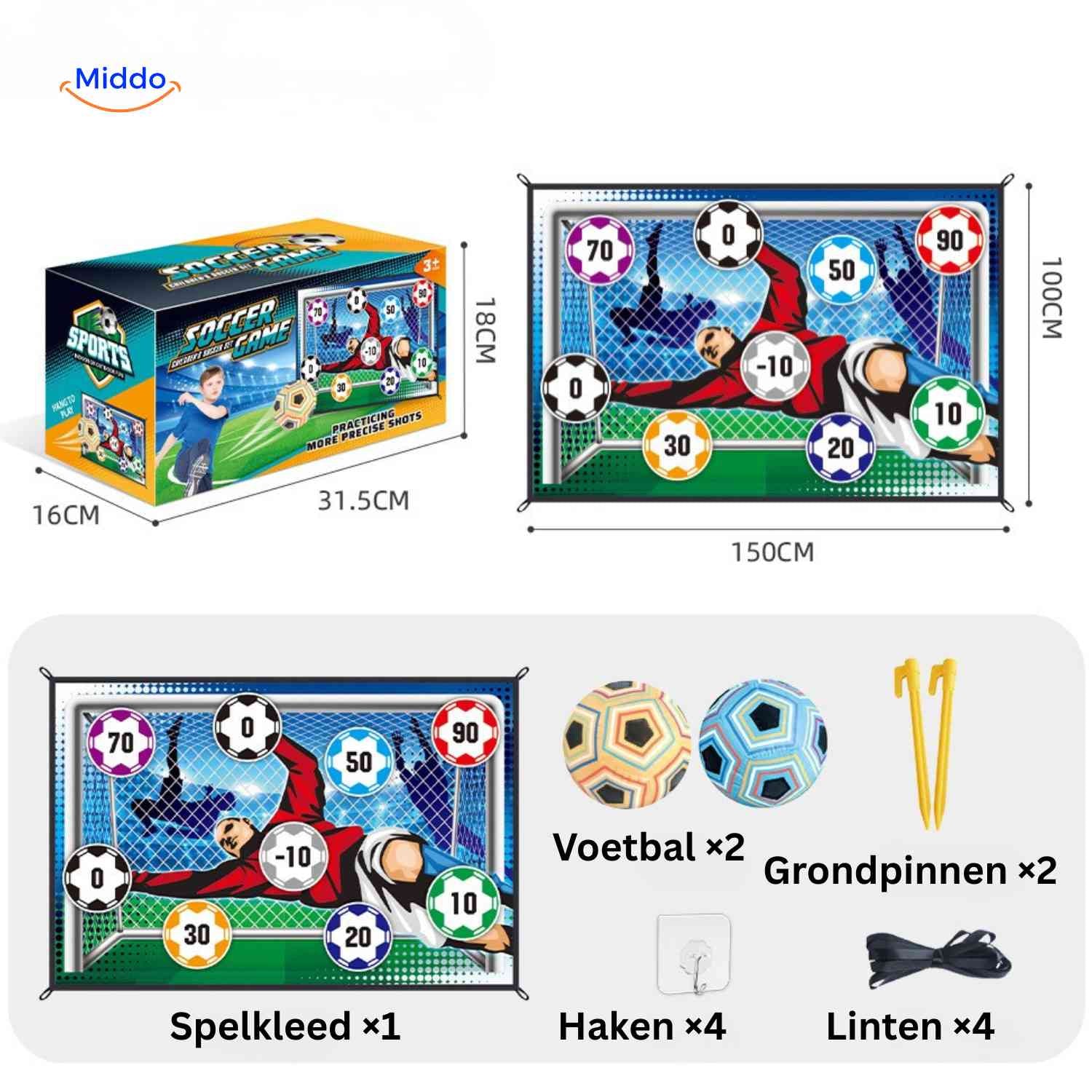 GoalPlay Spel voetbal schietdoek met afmetingen www.middo.nl