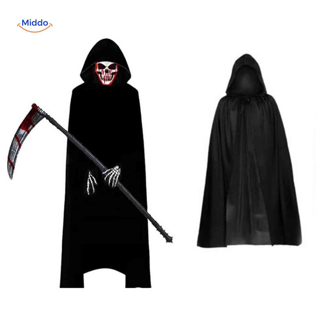 Grimora Set compleet kostuum met cape masker en zeis www.middo.nl